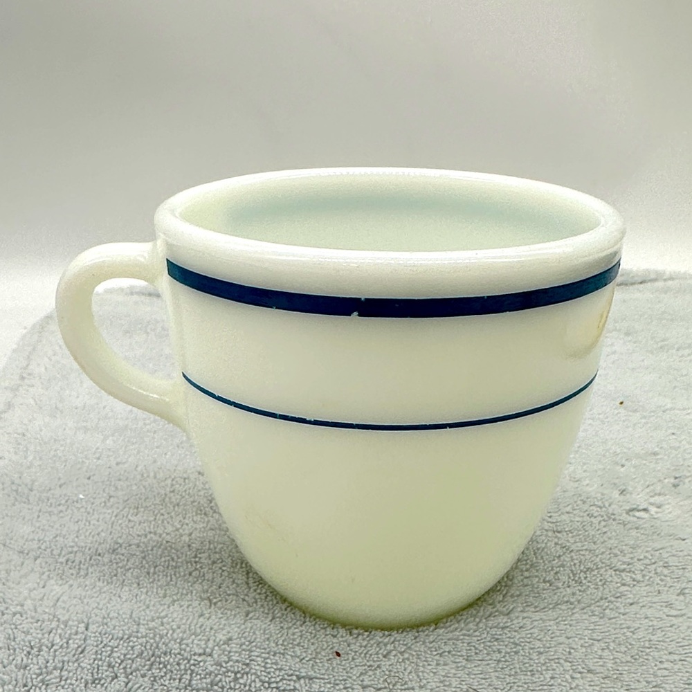 Vintage Pyrex Tableware by Corning #723-25 Milk Glass Coffee Cup w/Blue Stripes